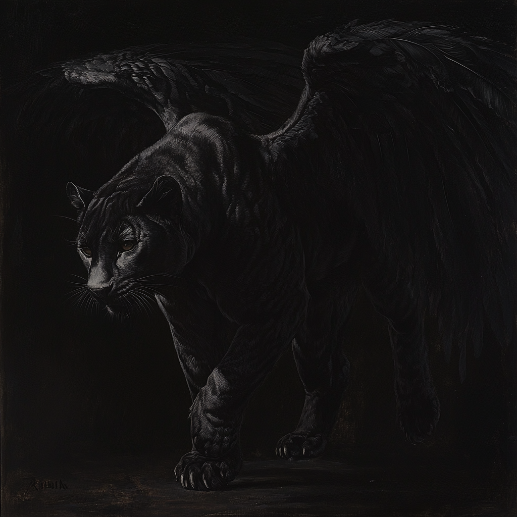 A painting of a panther with black wings.