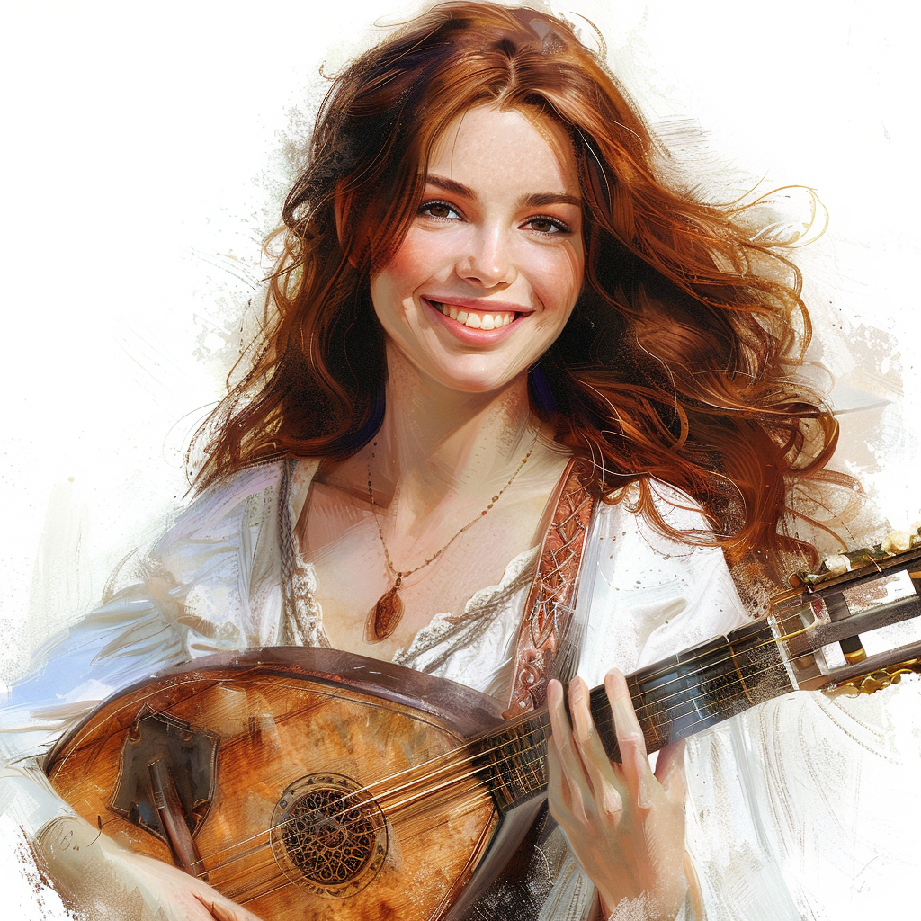 A painting of a smiling half-elf with lute