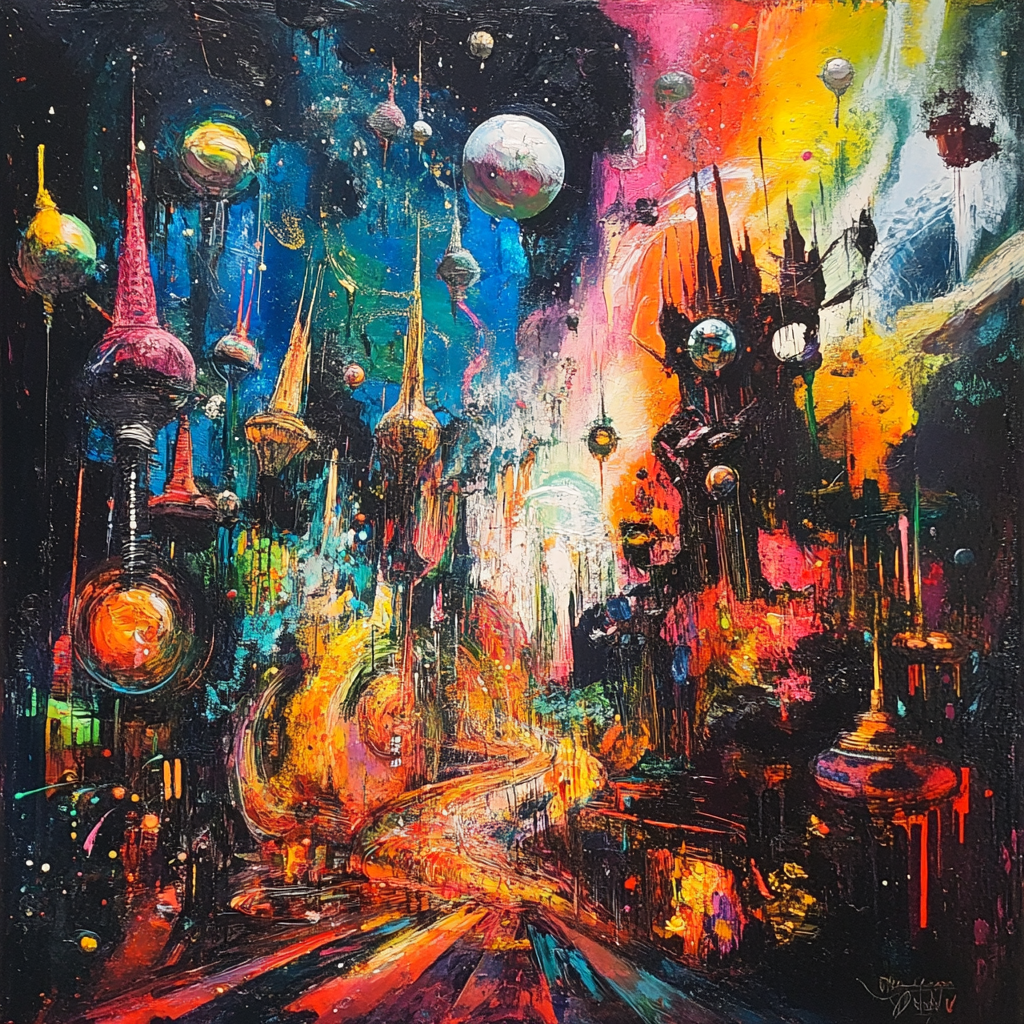 A painting of colorful, futuristic city by inter-dimensional beings.