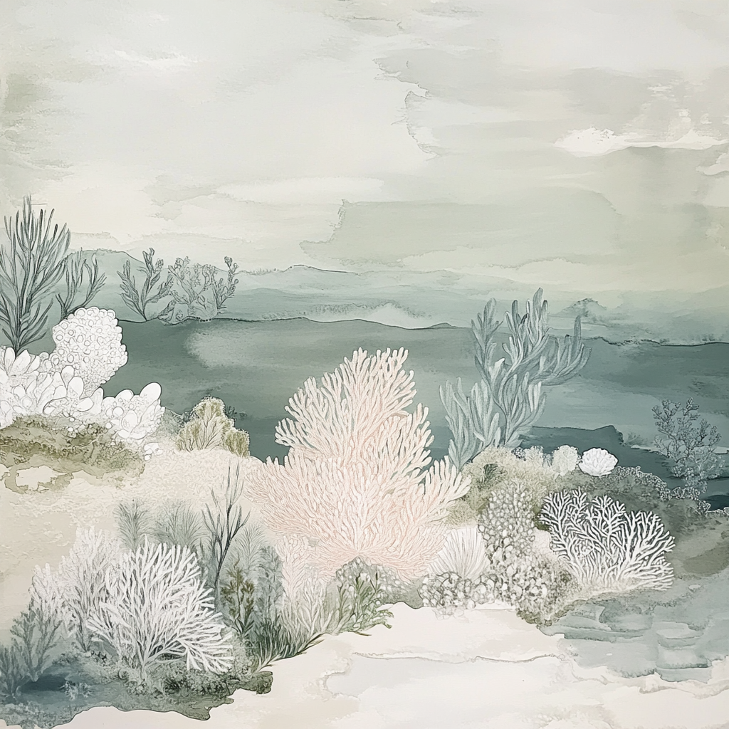 A painting of colorful corals on sandy beach.