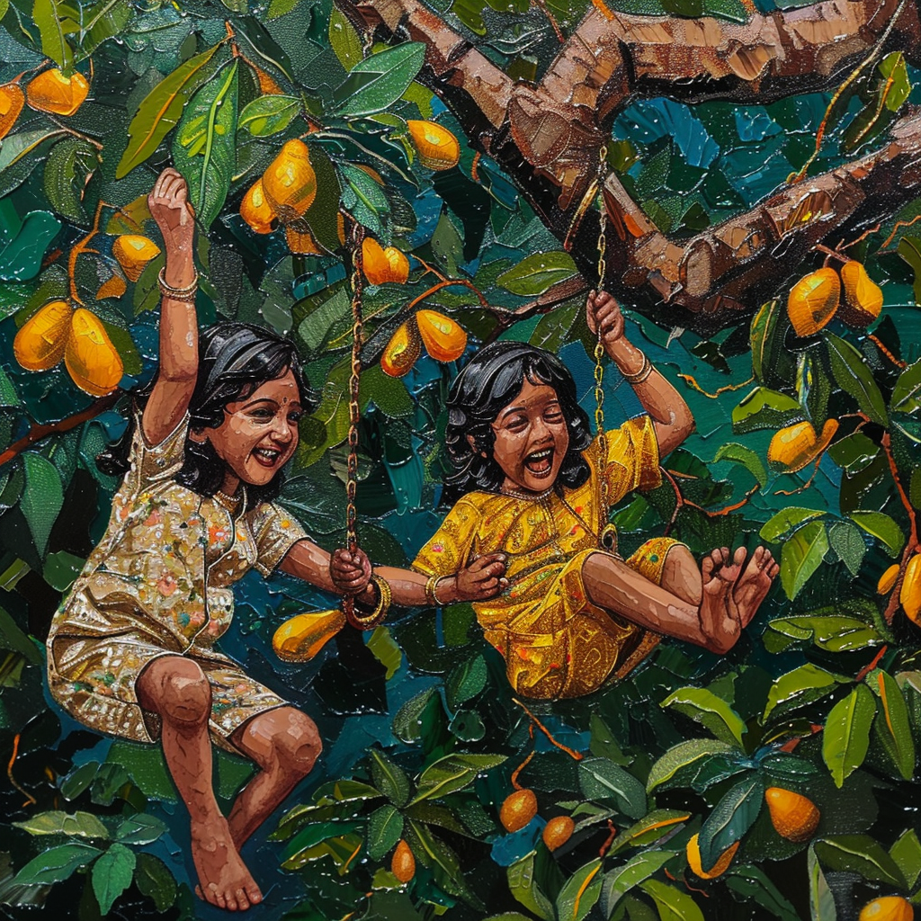 A painting of two giggling Indian girls swinging