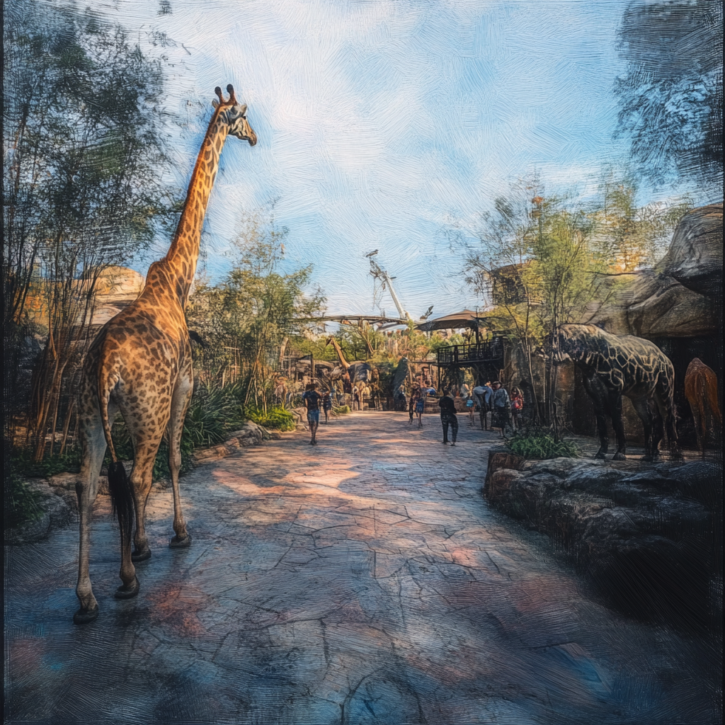 A painting of zoo with no animals or people.