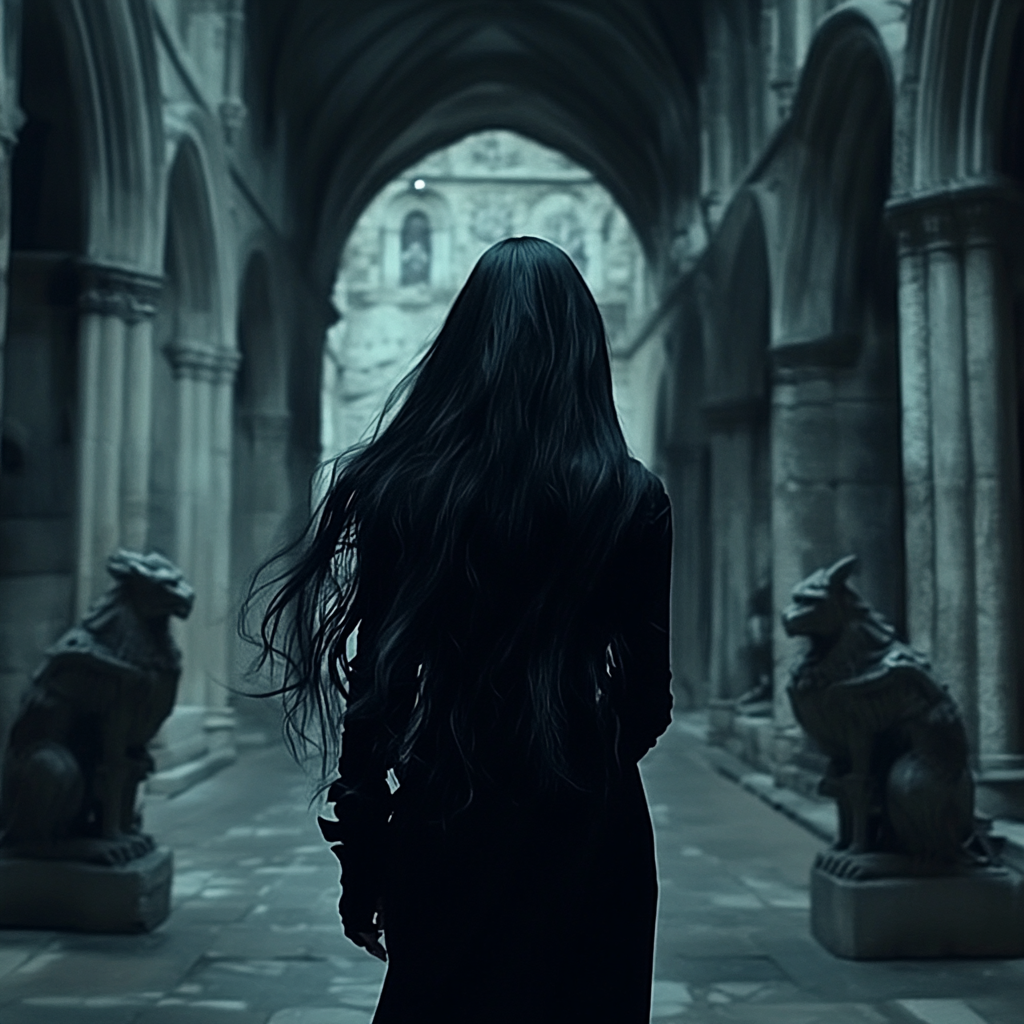 A pale vampire woman with long hair in castle.