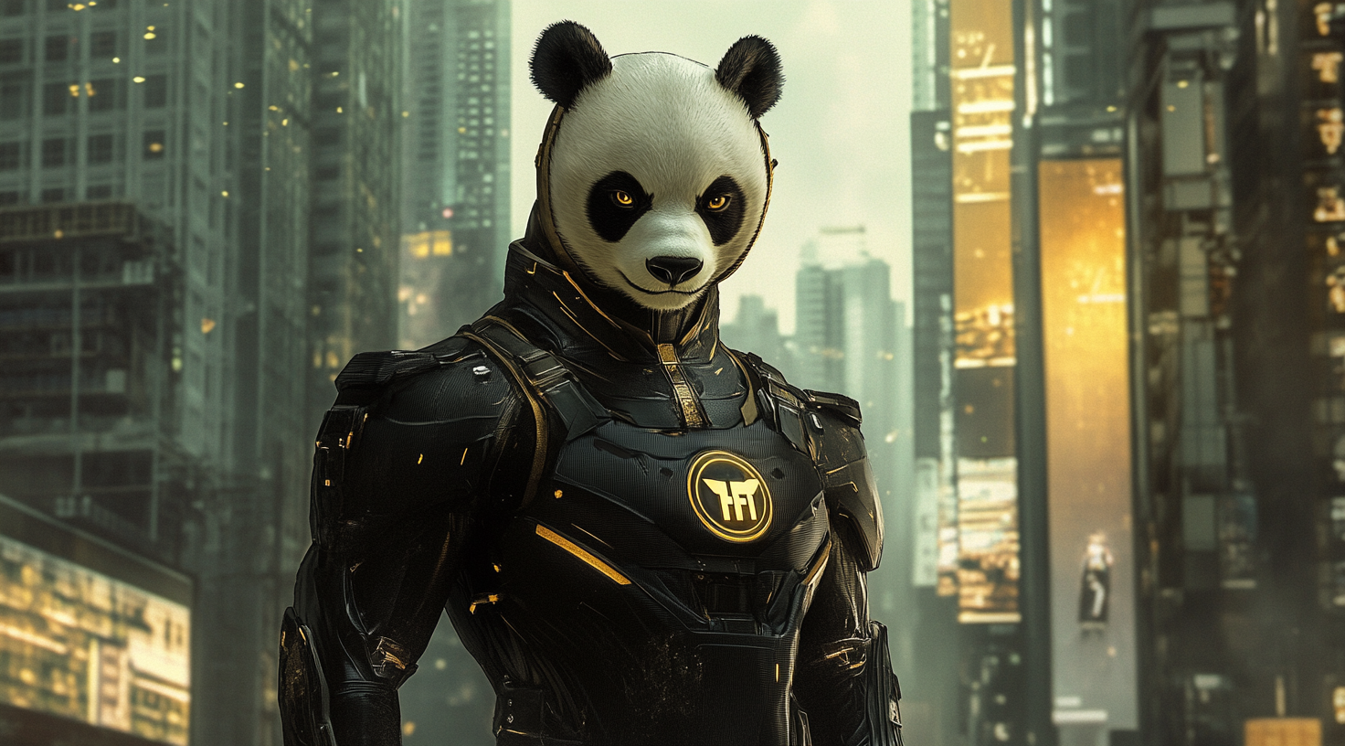 A panda superhero in black and gold costume