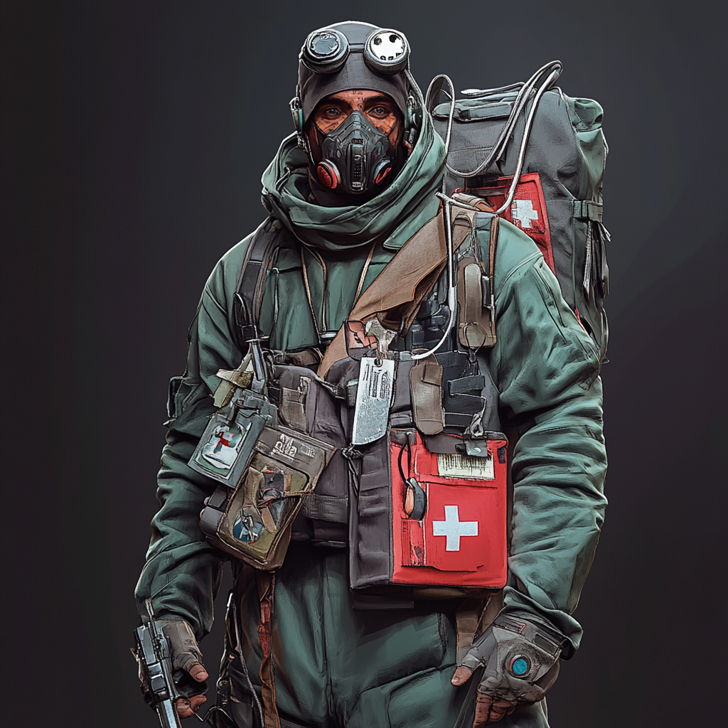 A paramedic in a post-apocalyptic world with supplies.