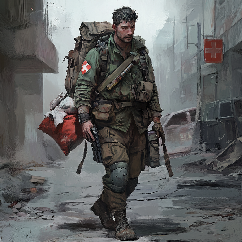 A paramedic in post-apocalyptic world with medical supplies.