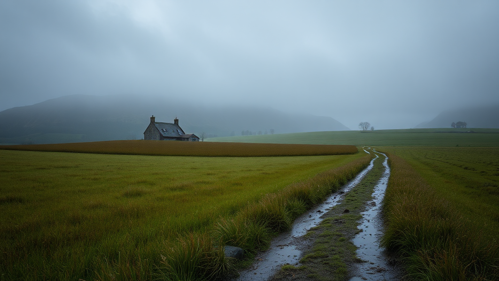 A path through a wet countryside field.