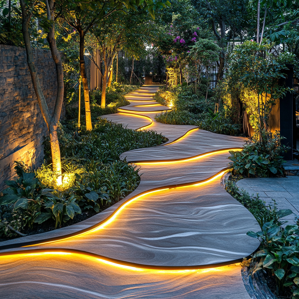 A pathway with wavy garden plants and lights