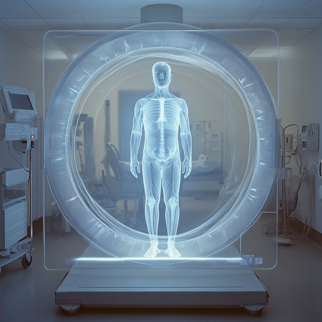 A patient standing in hospital room for X-ray.