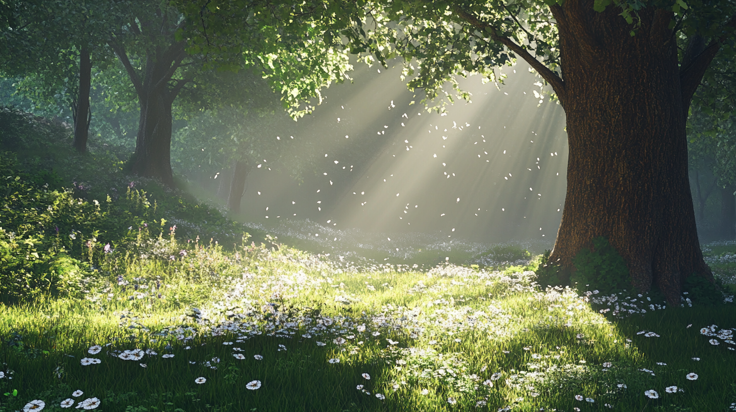 A peaceful, sunlit forest filled with life