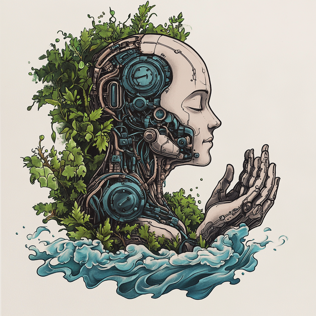 A peaceful cyborg meditating among nature and technology