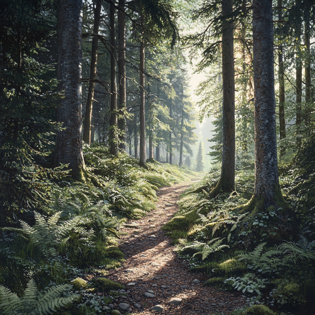 A peaceful forest path with sunlight and ferns.