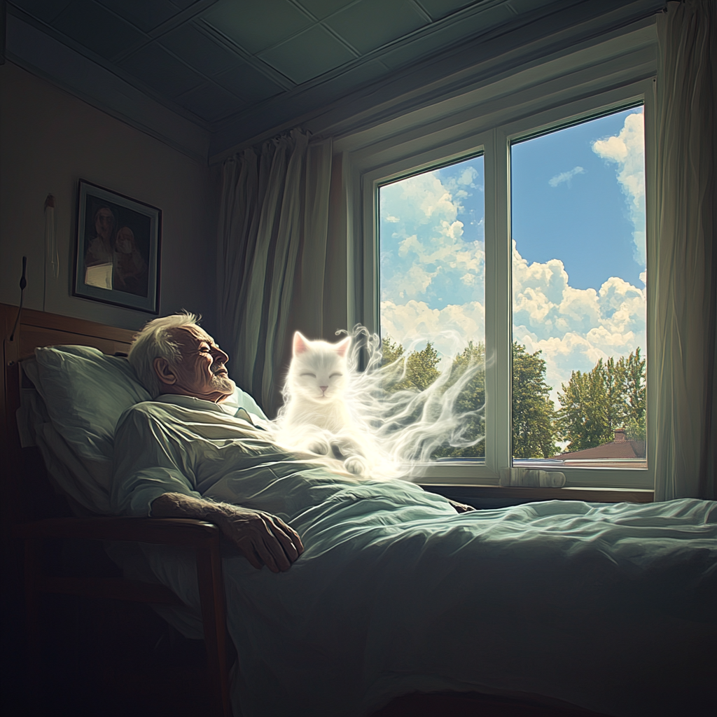 A peaceful old man and ghost cat in bed