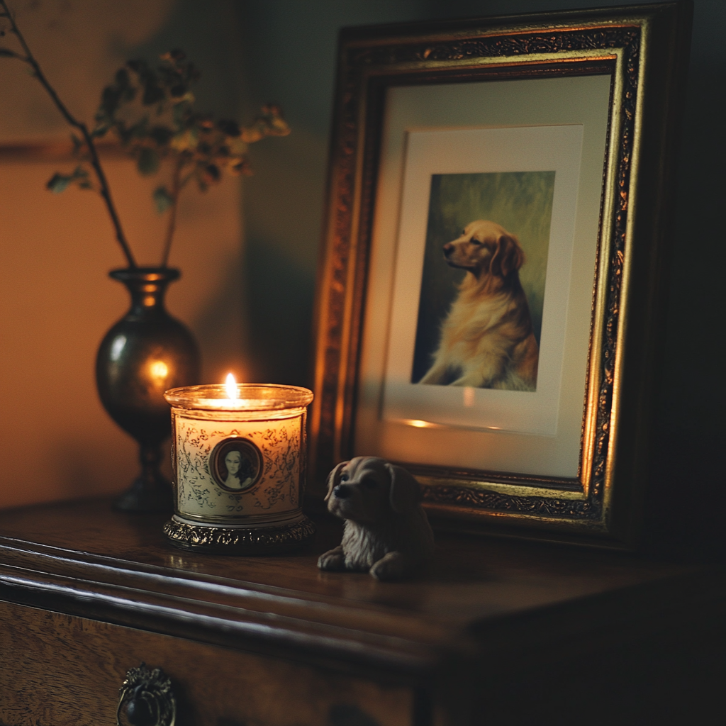 A peaceful pet altar with framed picture