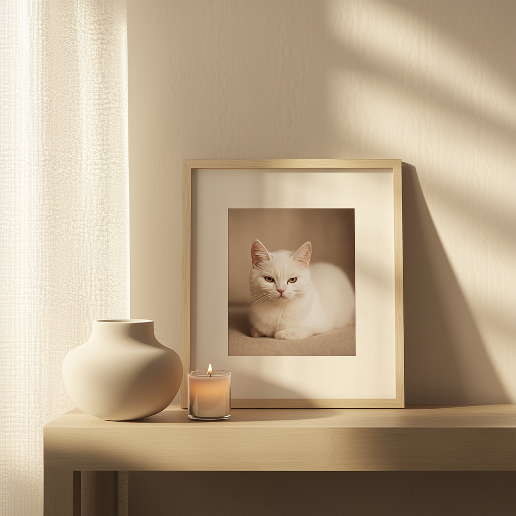 A peaceful pet altar with urn and candle