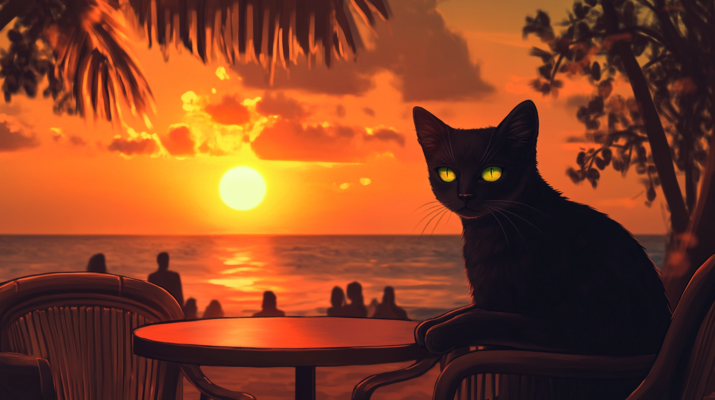 A peaceful sunset beachside café with Alto the cat.