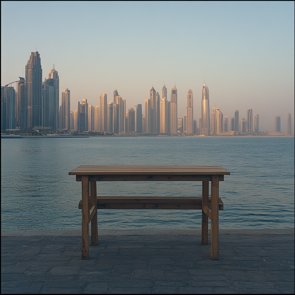 A peaceful table by Dubai's skyline awaits customers.