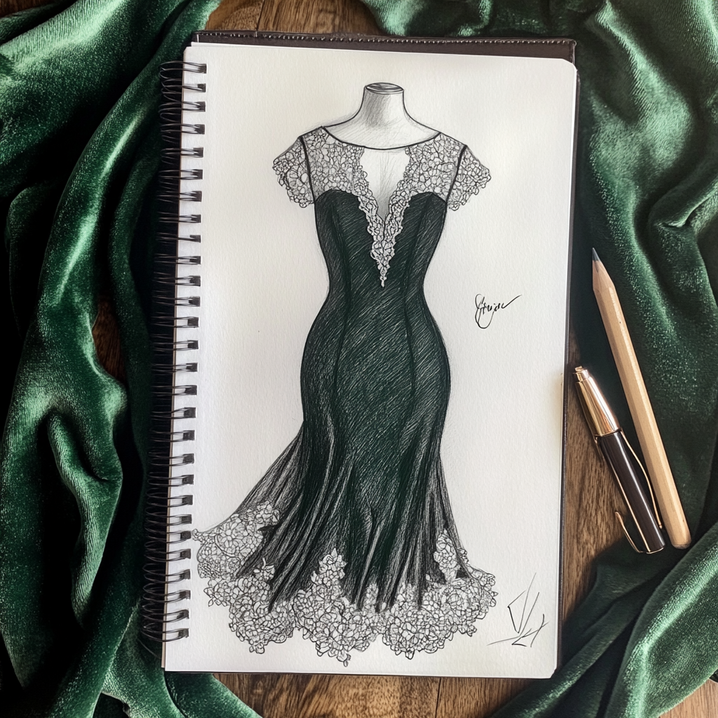 A pencil sketch of an elegant black dress