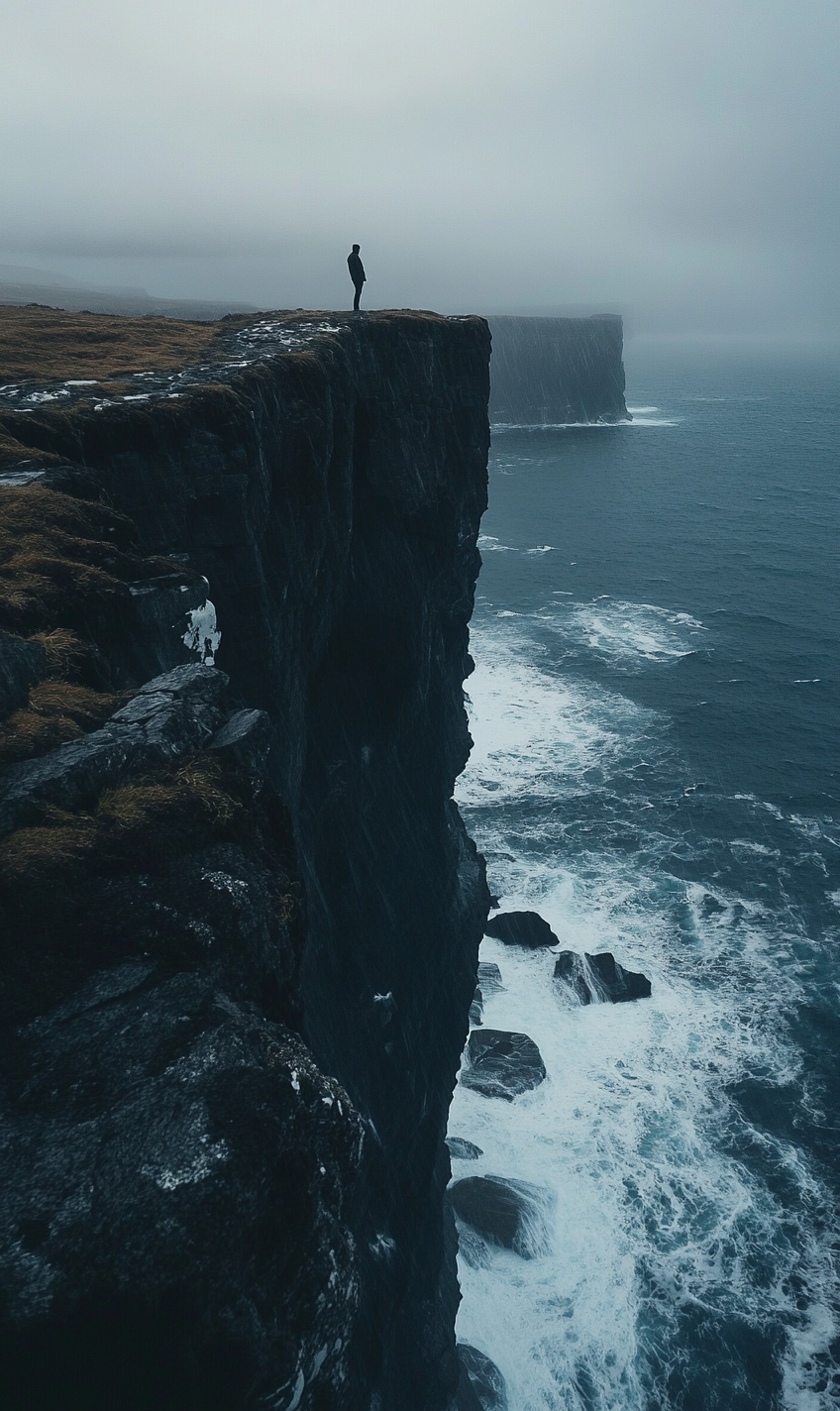 A person's POV looking down a stormy cliff