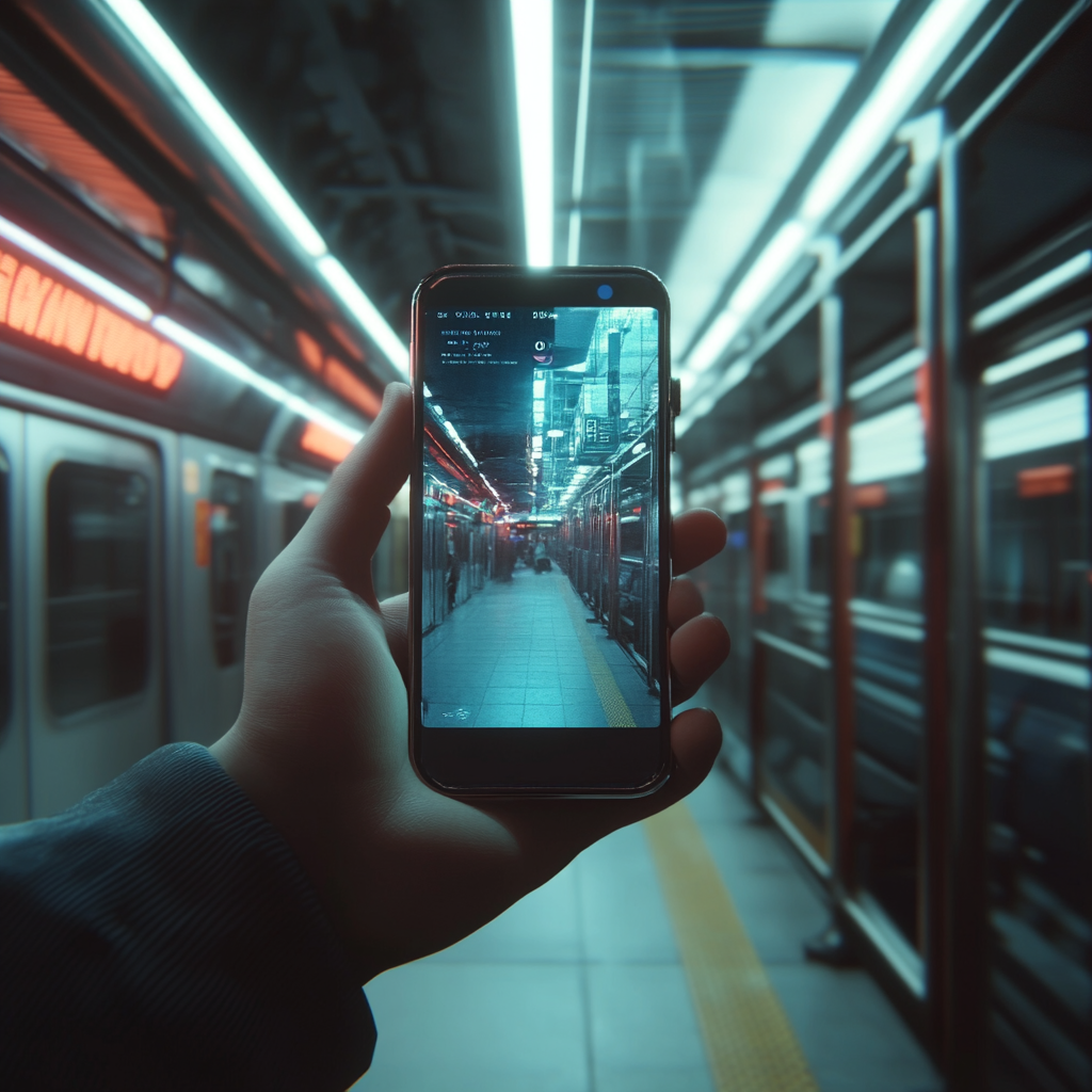 A person holds phone in subway station painting.