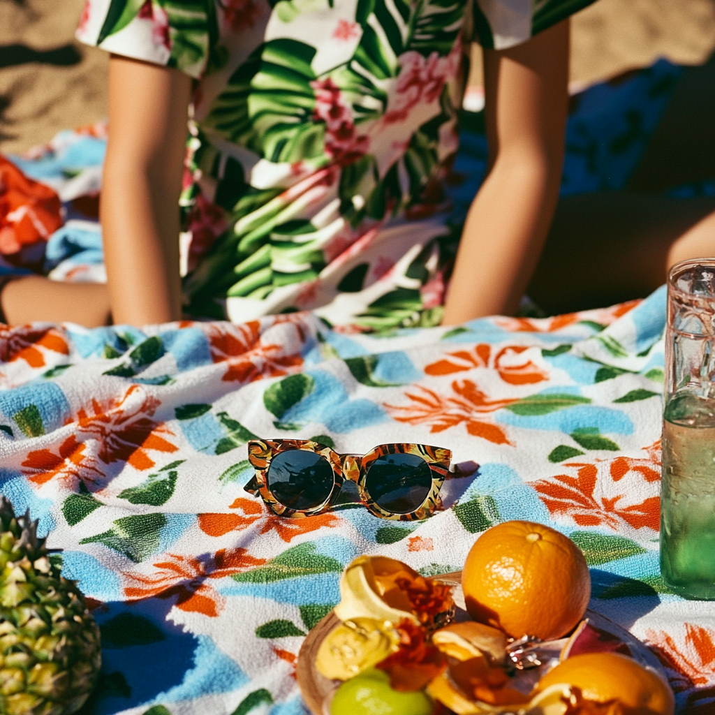 A person in Hawaiian shirt sets sunglasses, towel.