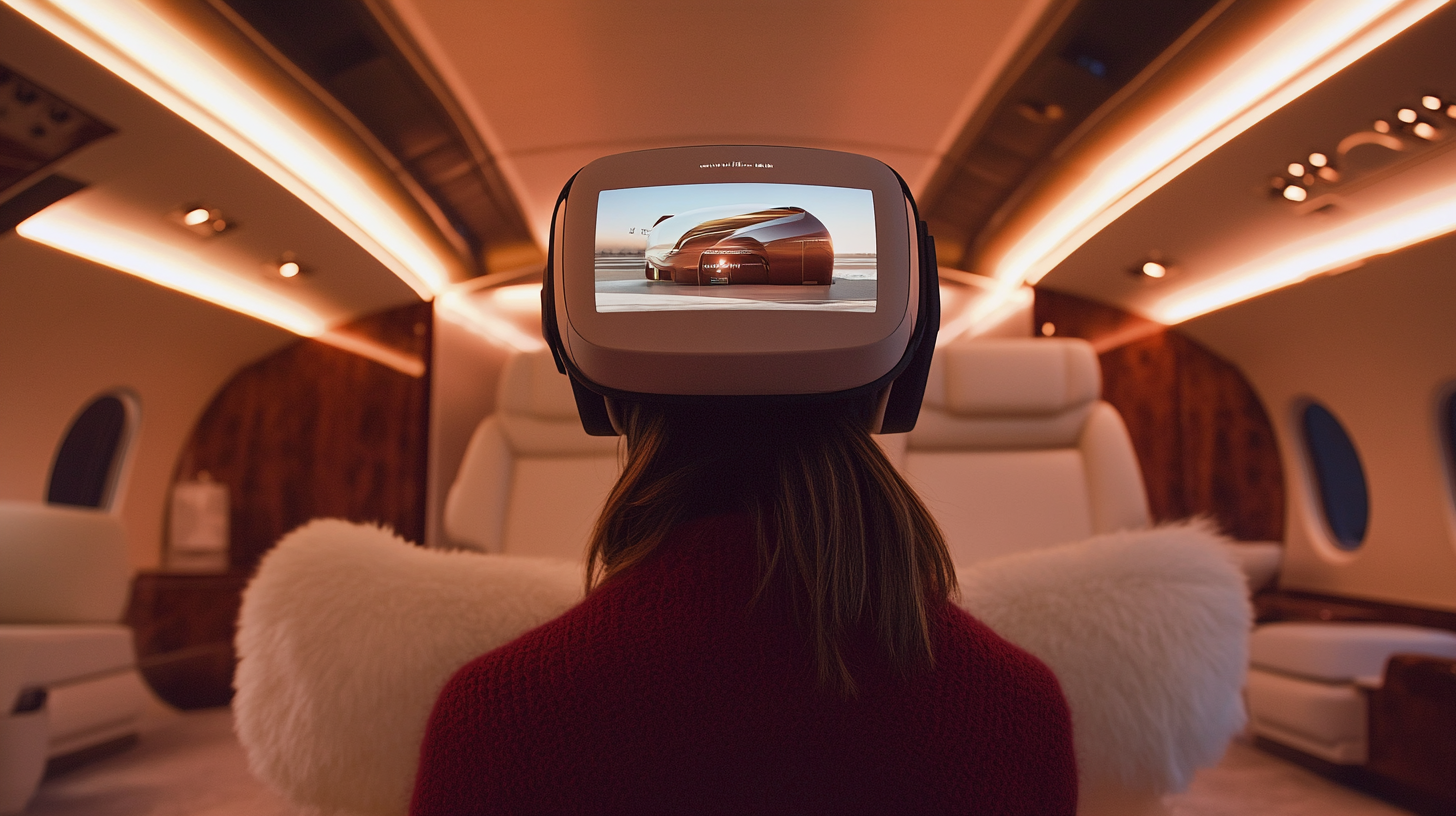 A person in VR goggles seeing VIP aircraft interior.