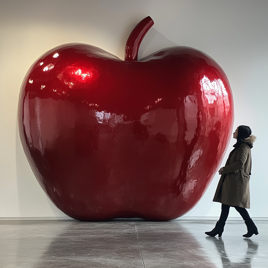 A person in a coat walking through apple cutout.