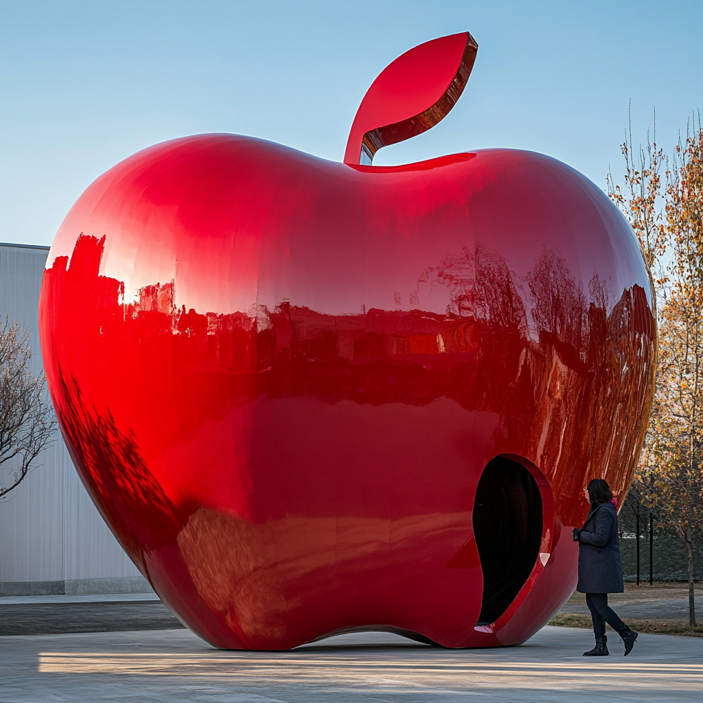 A person in a coat walks through apple.