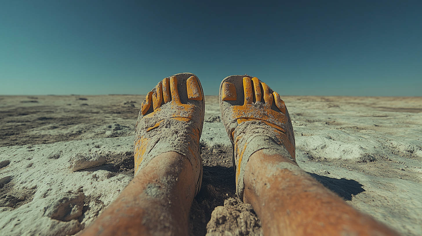 A person in flip-flops stands on the moon