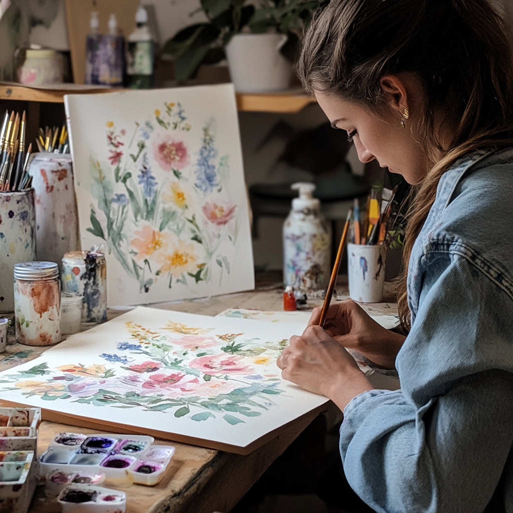 A person painting a floral watercolor on desk.