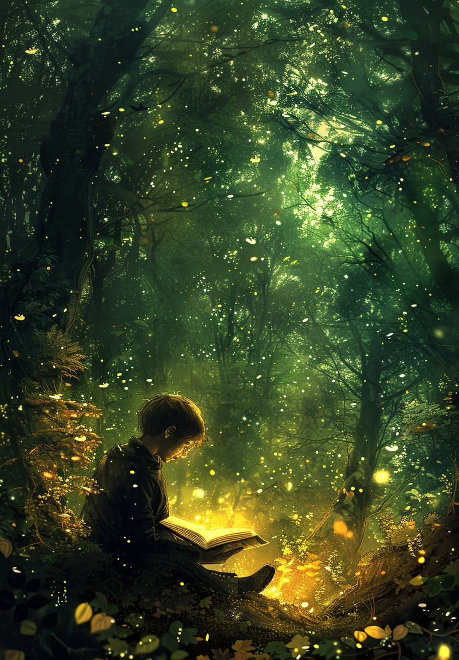 A person reading a book in deep forest