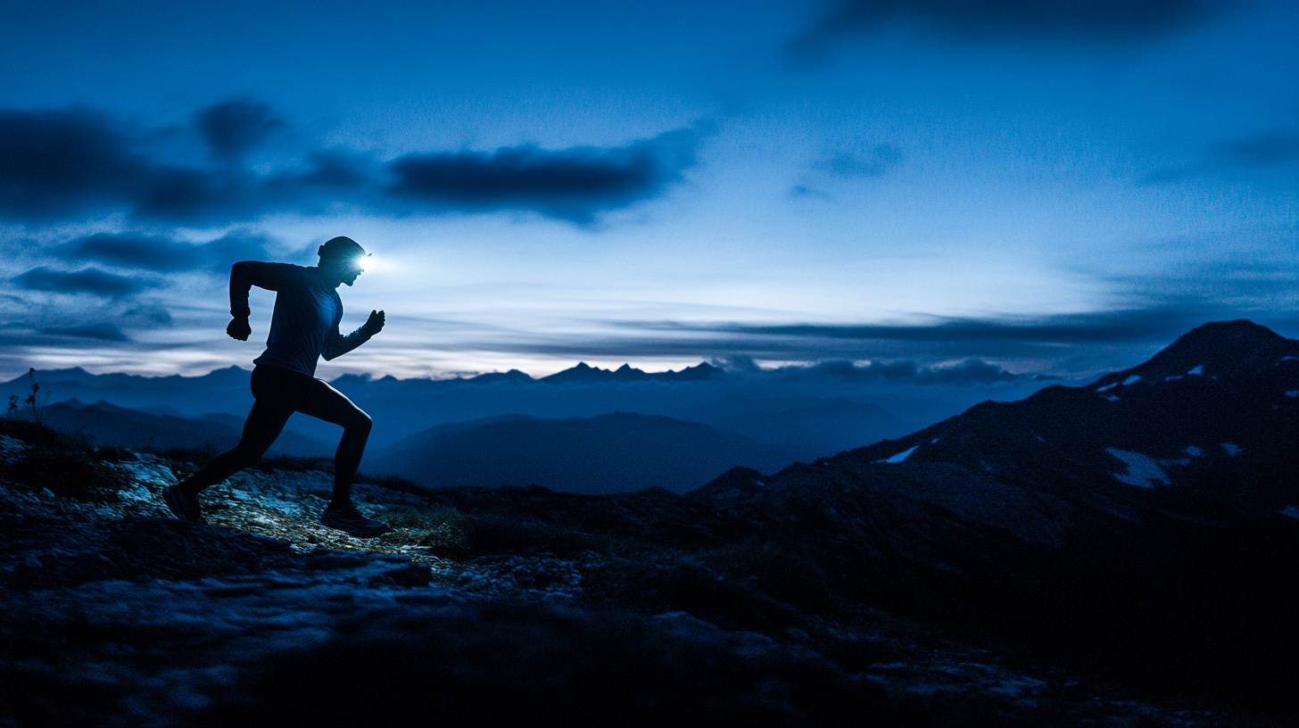 A person running on mountain at night with headlamp