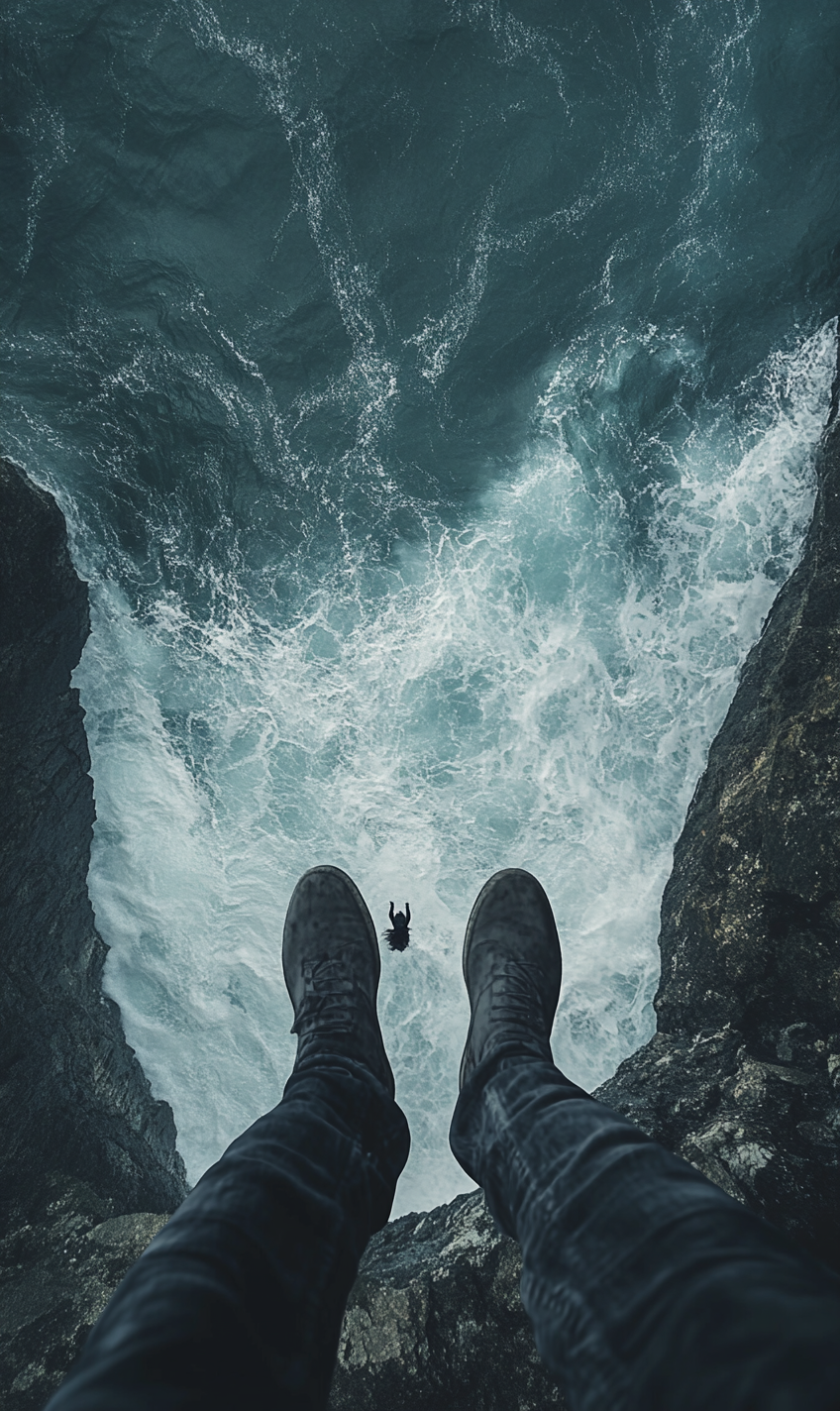 A person scared on stormy British island cliff.