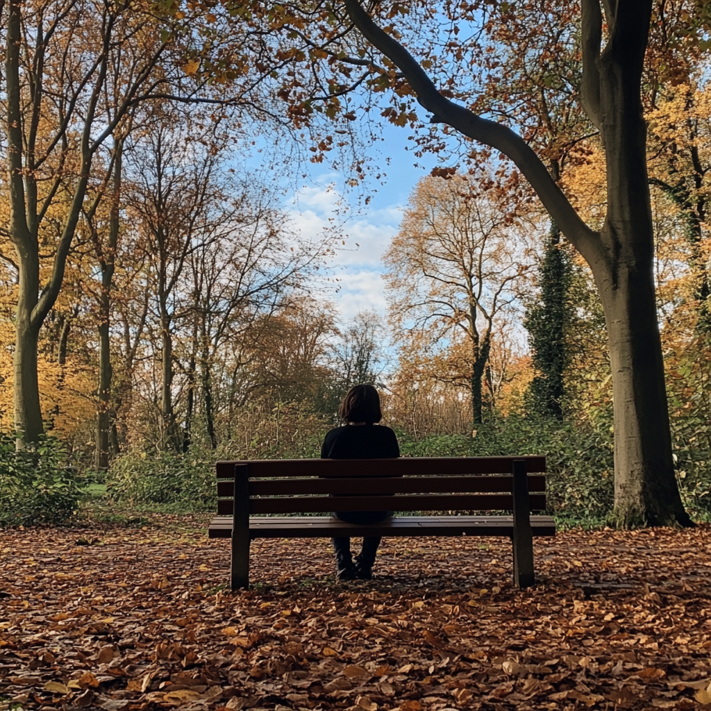 A person sits on a bench in a park surrounded by autumn trees.