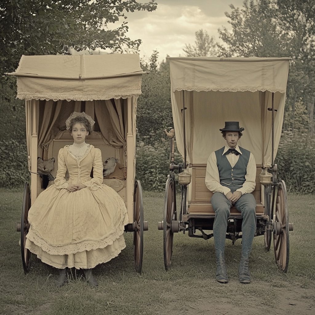 A person sitting in front of wooden carriage