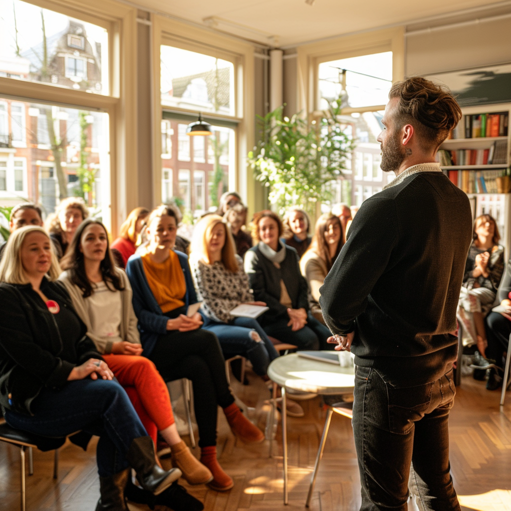 A person speaking to a group in Netherlands