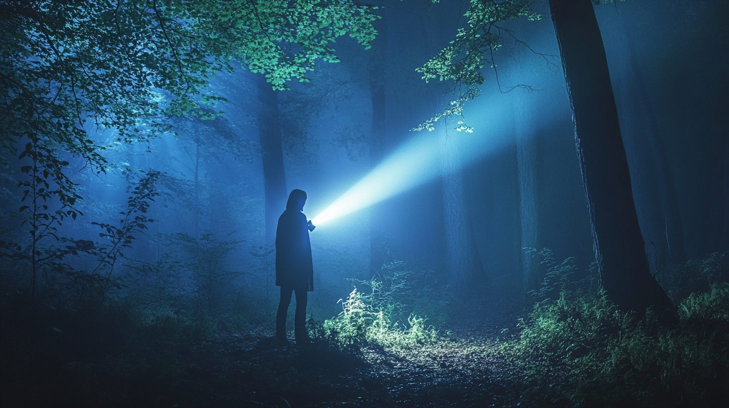 A person using a flashlight in a forest