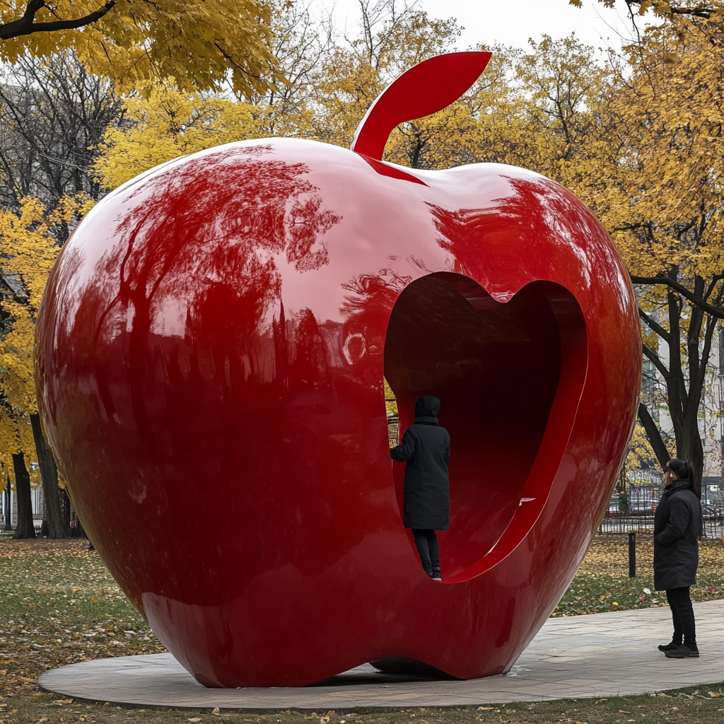 A person walking through a large shiny apple.