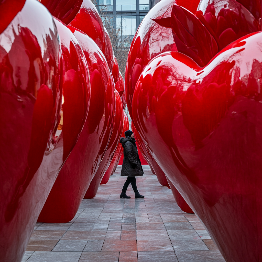 A person walks through shiny red apple walls.