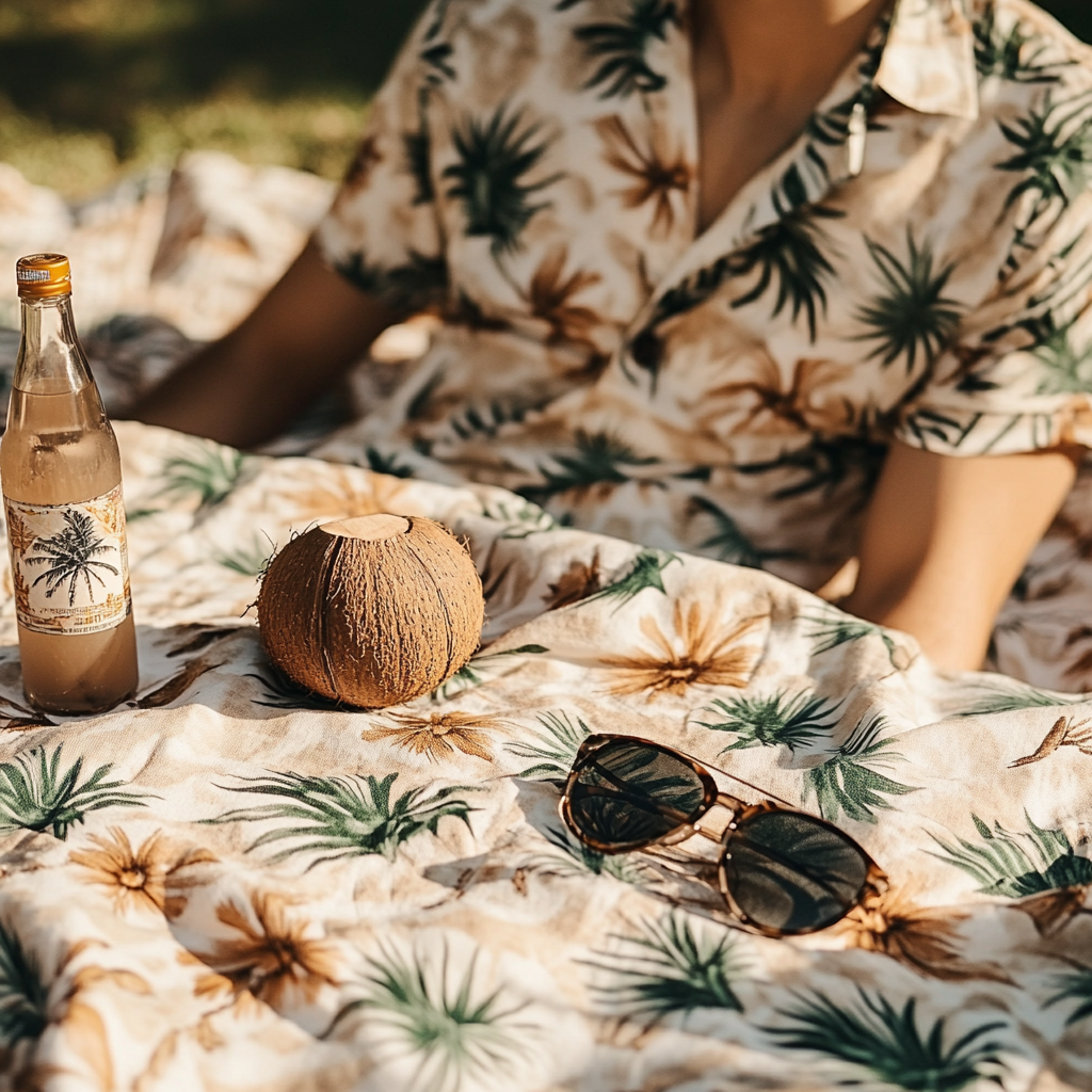 A person wearing Hawaiian shirt on beach picnic.