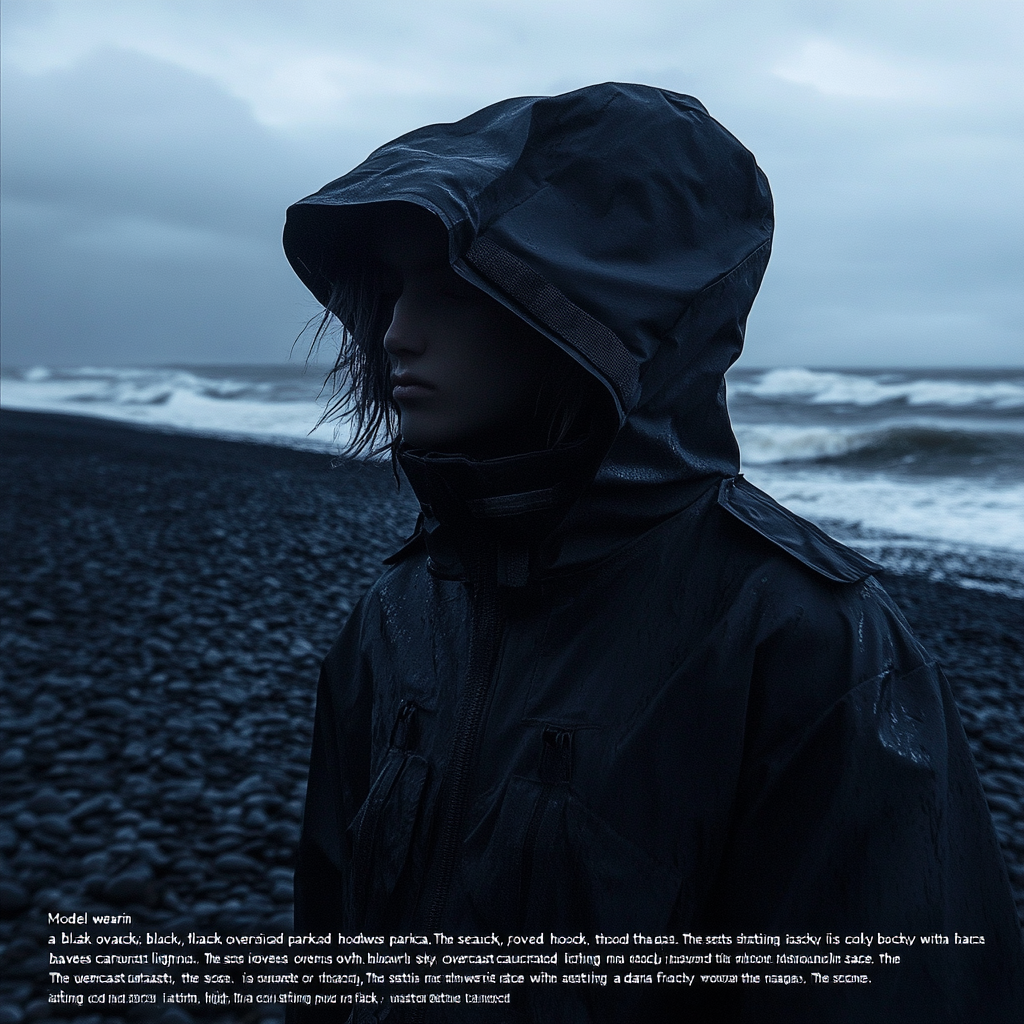 A person wearing a big black coat on beach