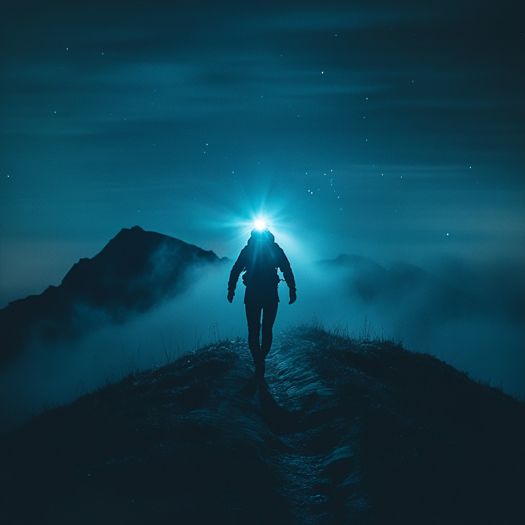 A person with a headlamp runs on mountain