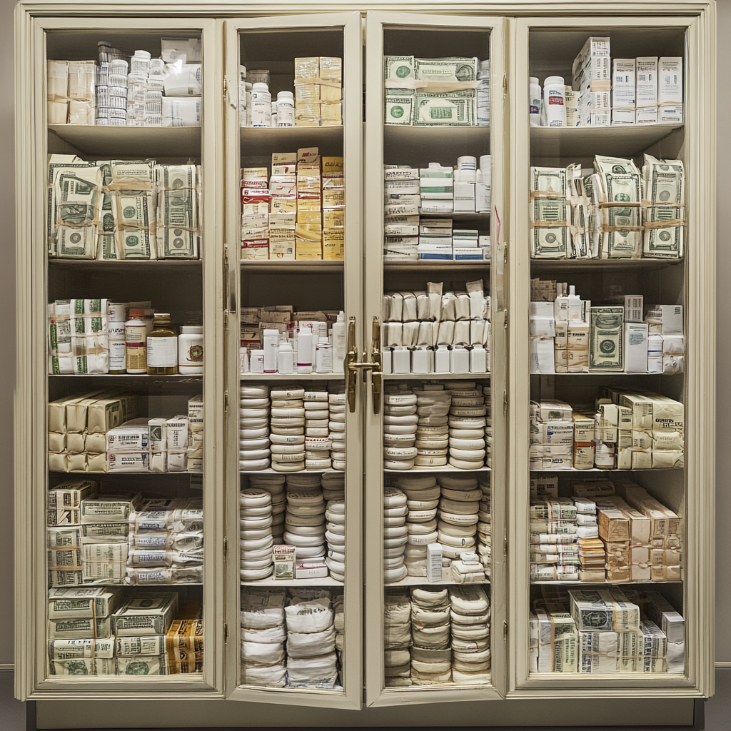 A pharmacy cabinet filled with money and medicine