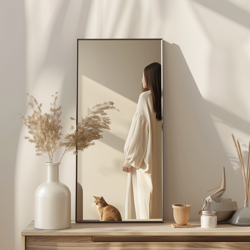 A photo frame on dresser with woman and cat.