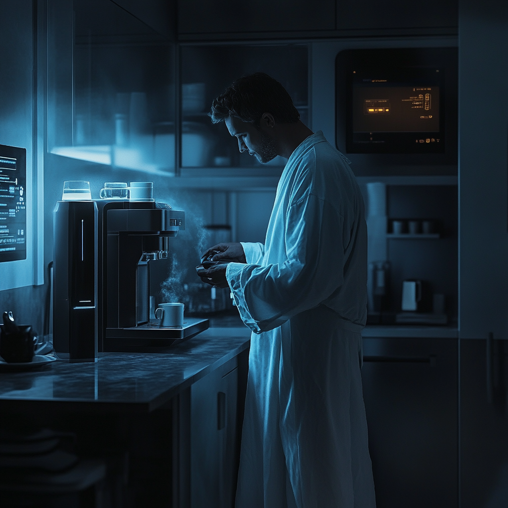 A photo of a man in kitchen using machine.