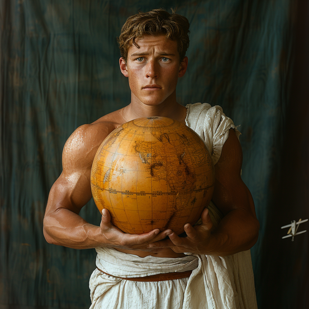 A photograph of a strong man as Atlas