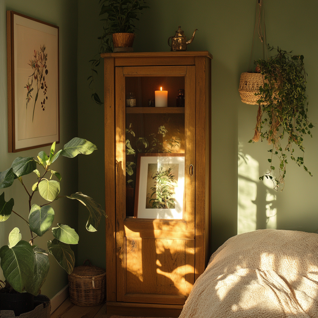 A picture frame with candle and plants inside.