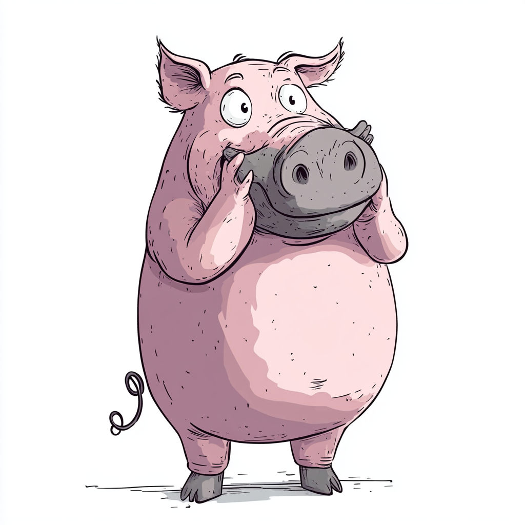 A pig wearing a hippo face mask, cartoon.