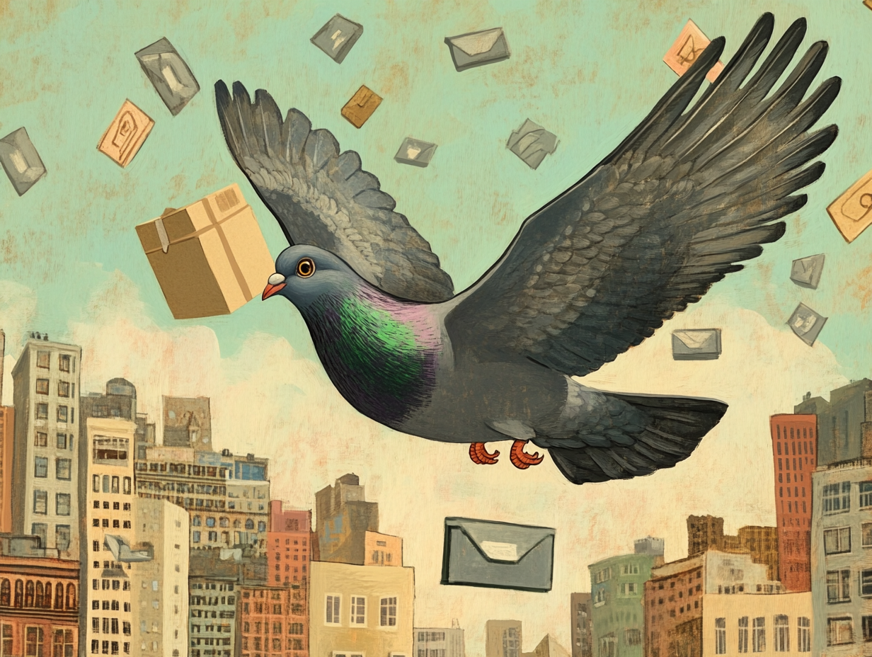 A pigeon delivers mail in the city.