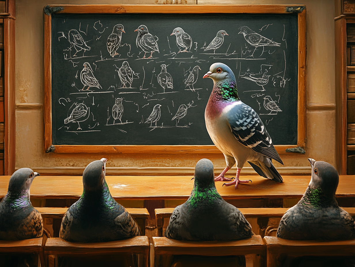 A pigeon teaches anatomy to classmates on blackboard.